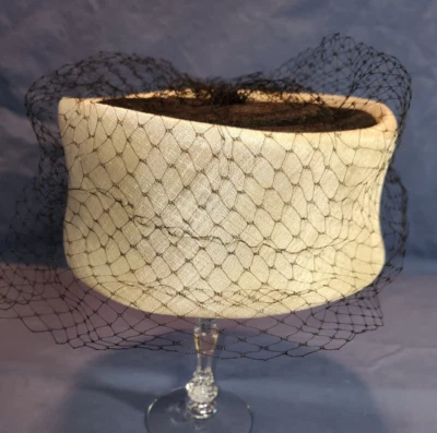 Vintage Women’s Black White Pillbox Hat With Netting Mid century - Image 1 of 4