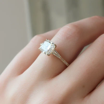 Diamond Ring For Women Lab Created IGI Certified 1.20 Ct Cushion  18k White Gold - Image 1 of 4