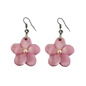Hawaiian Jewelry Pink Plumeria Flower Shell and Pearl Pierce Hawaii Earrings - Picture 1 of 3