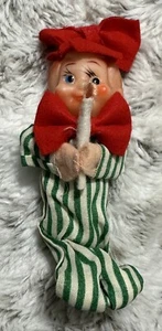 Vintage Christmas Elf Pixie Knee Hugger 5 1/2" Made In Japan Pinstripe Outfit - Picture 1 of 8