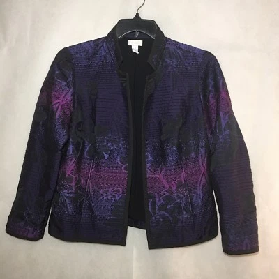 Chicos Jacket Floral Embroidered Ombre Black Purple Size 1 M/8 — 第 1/4 张图片