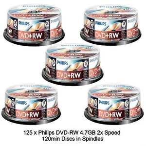 125 x Philips DVD+RW 4.7GB 120Min Rewritable 4x Speed 25s Blank Disc Spindle Tub - Picture 1 of 12