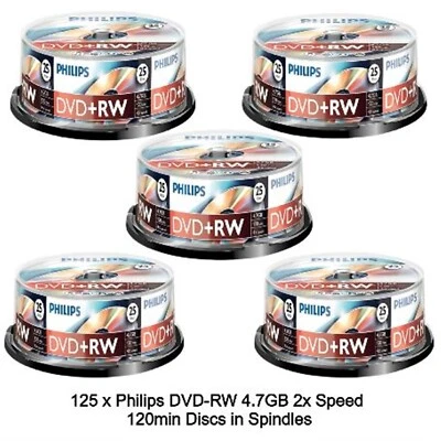 100 x Philips DVD+RW 4.7GB 120Min Rewritable 4x Speed 25s Blank Disc Spindle Tub - Image 1 of 4