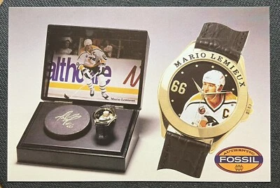 1993 MARIO LEMIEUX LIMITED EDITION FOSSIL COLLECTORS' WATCH SET AD POST CARD - Image 1 of 2