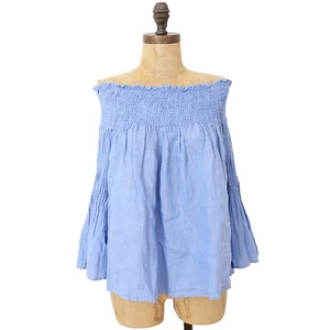 ZARA Linen Off Shoulder Top XS Smocked Babydoll Flared Chambray Blue NWT B39 - Picture 1 of 6