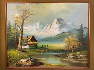 G Whitman Original Signed Oil Painting on Canvas Landscape Mountain Water Scene  - Picture 1 of 12