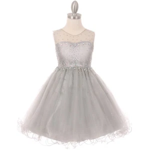 PLATEADO Talla 16 Estrás Flor Niña Vestido Cumpleaños Dama de honor Fiesta Formal - Imagen 1 de 4