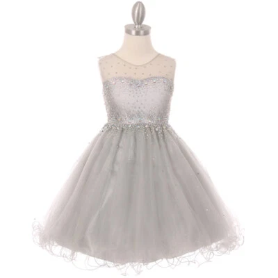 SILVER Size 16 Rhinestones Flower Girl Dress Birthday Bridesmaid Formal Party - Image 1 of 4