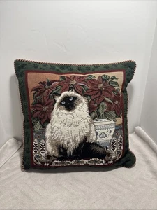 Cuscino lancio arazzo gatto vintage - gatto himalayano con disegno Poinsettia - Foto 1 di 7