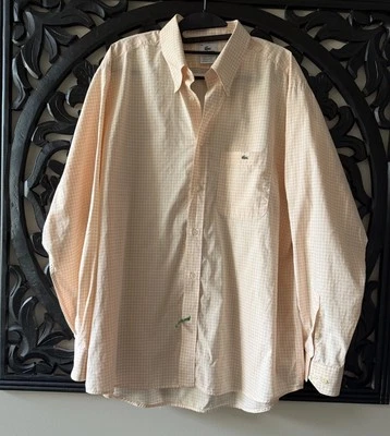 Lacoste Mens Sz 44 Peach Check Button Collar Long Sleeve Shirt Alligator🐊 Logo - Image 1 of 4