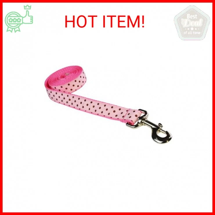 Medium Pink/Brown Polka Dot Dog Leash: 3/4" Wide, 6ft Length - Made in USA. - Image 1 of 1