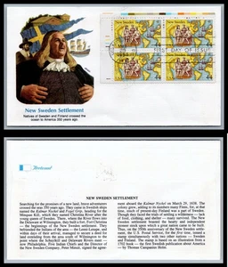 US FDC # C117 44c New Sweden Colony Fleetwood Plate Block UL 1988, 0a1801 - Picture 1 of 1