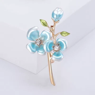 Blue Gold Enamel Rhinestone Flower Bouquet Brooch Floral Pin Summer Gift Jewelry - Image 1 of 4