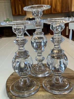 Candle Holders Clear Handblown Glass Pillars ,  9" & 11" tall, set of 3, EUC - Image 1 of 4
