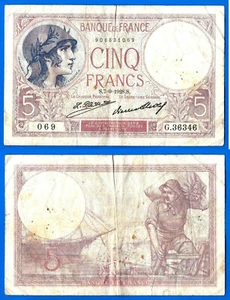 France 5 Francs 1928 7 September Serie G Purple Europe Frcs Frs Free Ship World - Picture 1 of 3