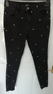 Denim by TU 12 Grey White Embroidered Heart Design Stretchy Skinny Jeans Pockets - Picture 1 of 10