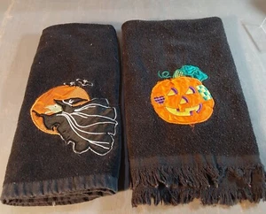 Vintage Halloween Dish Towel Flying Witch Moon Pumpkin Applique Embroidered - Picture 1 of 3