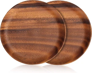 2 Pcs 10 Inch Acacia Wood Dinner Plates for Eating Wooden round Charcuterie Boar - Picture 1 of 12