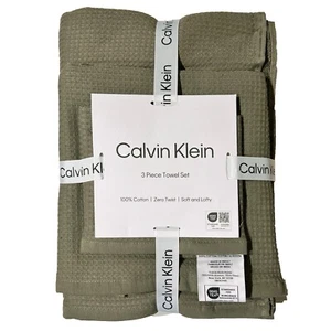 3PC New Calvin Klein Cotton Soft Lofty Waffle/Terry Tip Hand Bath Towels Green - Picture 1 of 5