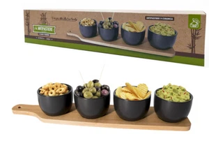 Set De Antipasto Aperitivo 4 Cuencos De Cerámica Negra Con Base De Bambú - Imagen 1 de 2