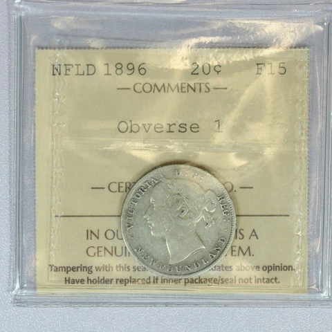 Canada NFLD 1896 20 Cent ICCS Certified F15 Obverse 1 Cover