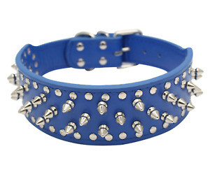 BLUE Metal Spiked Studded Leather Dog Collar Pit Bull Rivets L XL Large Breeds