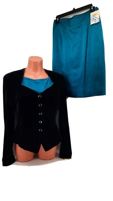 Traje falda Dana Buchman French Twist negro y verde azulado.   Chaqueta 6, falda y cami 8. Foto 1 de 4