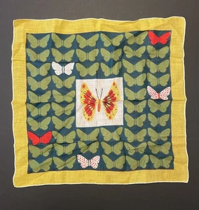 Pañuelo de lino MCM vintage MARIPOSAS amarillo verde rojo hermosos colores - Imagen 1 de 4