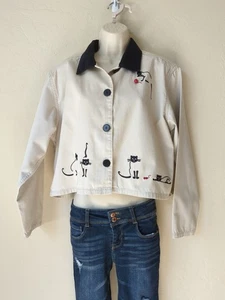 Vtg Christopher Banks Woman SzL Cropped Jacket Graphic Cats Hong Kong Cotton - Picture 1 of 15