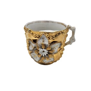 Antique Mustache Tea Coffee Cup Porcelain Gold Gilt Raised Flower Floral Ornate - Picture 1 of 13