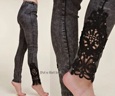 New VOCAL PLUS SIZE Womens BLACK STUDDED LACE STRETCH JEGGINGS PANTS 1X 2X 3X - Image 1 of 4
