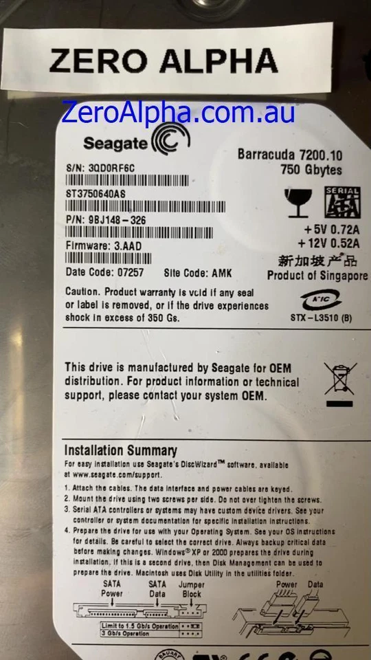 ST3750640AS, 9BJ148-326, 3.AAD, AMK, 3QD0 Seagate Data Recovery Donor Hard Drive - Image 1 of 1