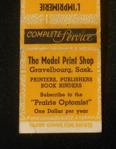 1930s Clark Match Model Print Shop Optomist Steel Drum Lock Co. Gravelbourg SK C - Picture 1 of 1