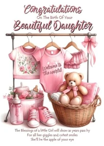 Congratulations On The Birth Of Your Beautiful Daughter A5 Card Baby Girl - Picture 1 of 3