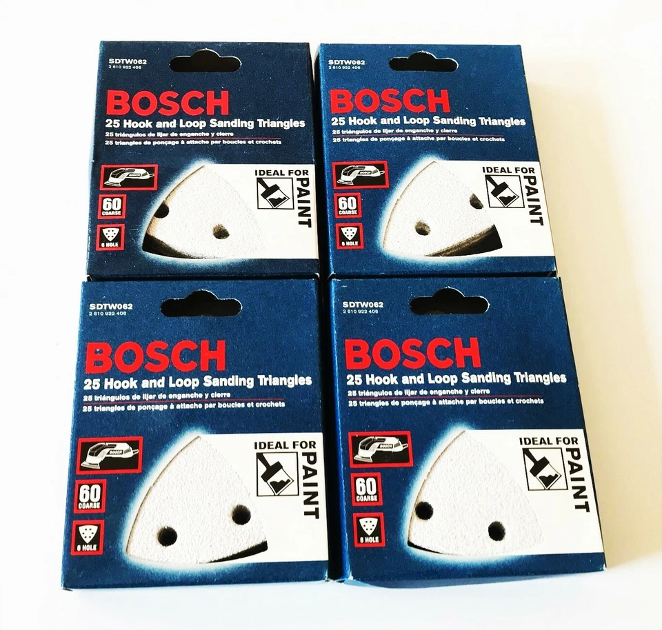 100 BOSCH HOOK AND LOOP SANDING TRIANGLES DISCS 60 GRIT 6 HOLE ITALY SDTW062 - Image 1 of 1