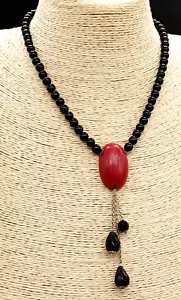 collana girocollo donna agata nera pendente pasta di corallo argento 925 VINTAGE - Foto 1 di 11