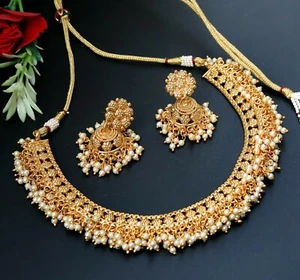 Collana di perle indiane Bollywood placcate oro orecchino Jhumki donna gioielli matrimonio - Foto 1 di 4