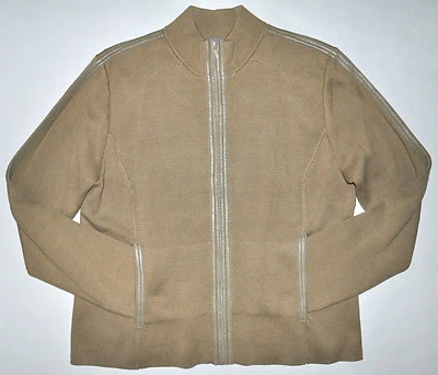 Sigrid Olsen Women's Large Petite Tan Zip Up Silk Sweater Leather Accents - Image 1 of 4