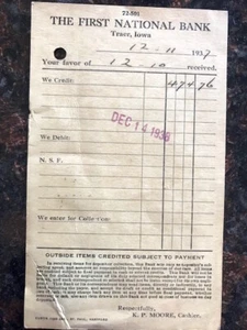 Alte Postkarte "Erste Nationalbank" Traer, IA für Pfandbeleg 1937 - Bild 1 von 2