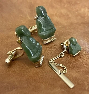 Vintage Gold Tone Metal Green Jade Dynasty Swank Buddha Cufflinks & Tie Tack Set - Image 1 of 4