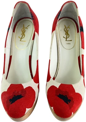 YVES SAINT LAURENT Cuñas Plataforma Estampado Amapola Tela Roja y Beige 39.5 - 9.5US Foto 1 de 4