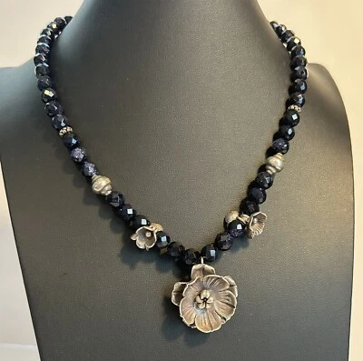 Sterling Silver 925 Faceted Blue Sunstone Flower Beaded Necklace OOAK - Image 1 of 4