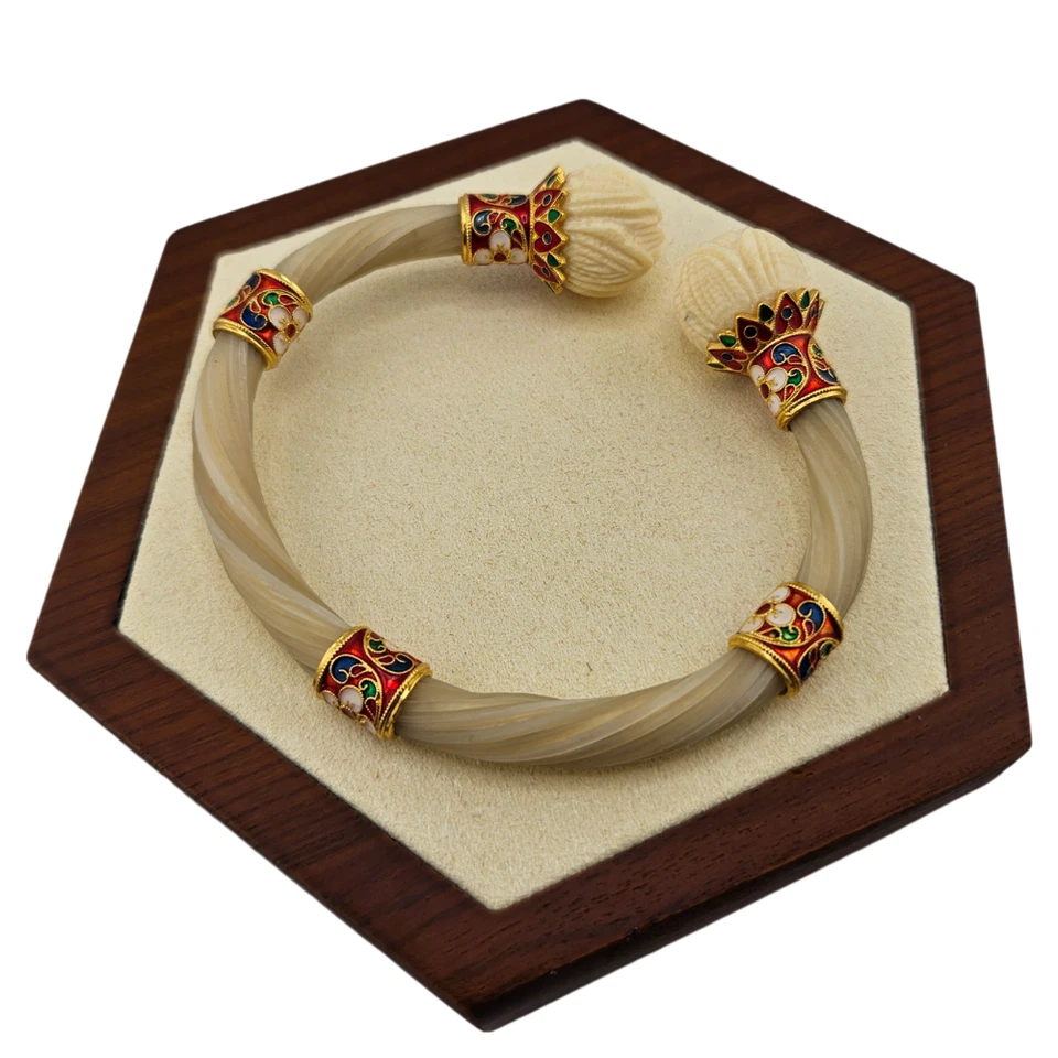 Ornate Thai Sukhothai Enamel Cuff Bracelet, Gold Plated 925 Silver, Hand-Carved - Image 1 of 4