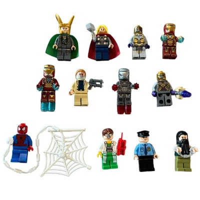 12 Marvel Lego Minifigures Accessories Minifigs Iron Man, Spiderman, Thor, Loki - Image 1 of 4