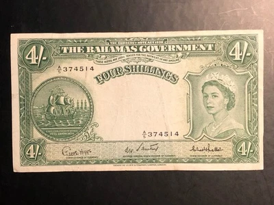 1953 Bahamas 4 Shillings Banknote Queen Elizabeth P# 13c - Circulated RARE - Image 1 of 2