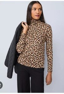 Neu mit Etikett!  Ann Taylor Top Medium Leopard Animal Print Langarm Stehkragen hellbraun - Bild 1 von 10