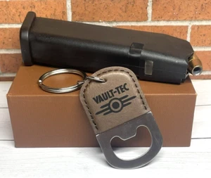 Vault-Tec Bottle Opener Keychain - PU Leather Brown and Black Engraved Fallout - Picture 1 of 6