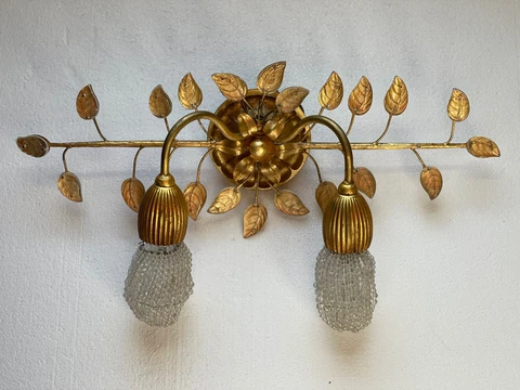 Sherle Wagner Double Tulip Crystal Beaded Leaf Wall Sconce Gilt Vanity Light Cover
