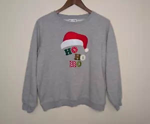 Women's Christmas Santa Holiday Crew Neck Sweatshirt- Size Large- Ho Ho Ho- Gray - Picture 1 of 12