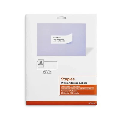 Staples Laser/Inkjet Address Labels, 1" x 2 5/8", White, 30 Labels/Sheet, 25 - Image 1 of 4